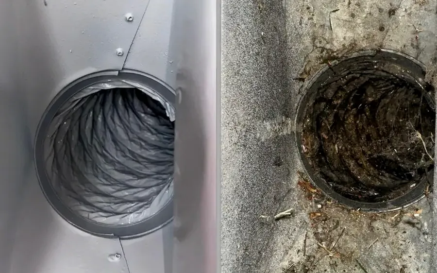 Inside of an air duct before and after cleaning