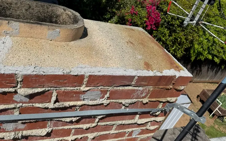 Chimney brick and crown with worn mortar joints